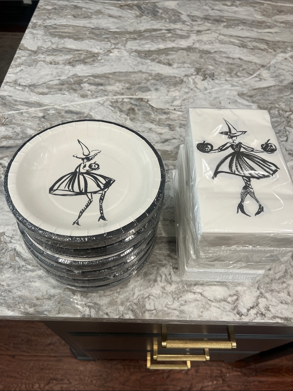 Black & White Witch-Themed Paper Plates and Napkins